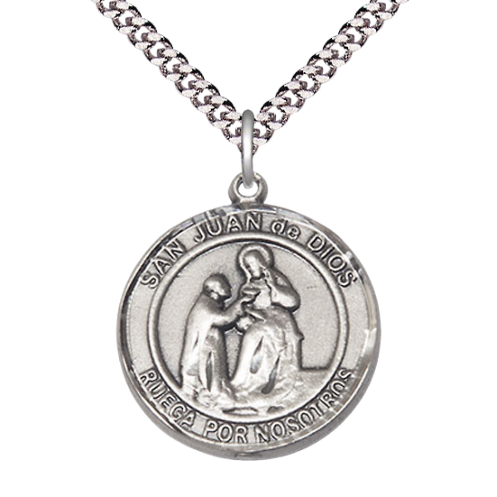 Mens 1 x 7/8" Round Pewter Saint St. Juan de Dios Medal Pendant on 24 Inch Rhodium Plated Heavy Curb Brass Chain with Lobster Claw clasp, Catholic Religious Necklace - Made in USA- Velvet Gift Box