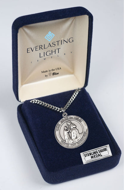 Spanish Script Men's .925 Sterling Silver San Juan de Dios Medal Pendant on 24 Inch Endless Rhodium Plated Heavy Curb Chain,Catholic Religious Necklace -Made in USA, Deluxe Velvet Gift Box.