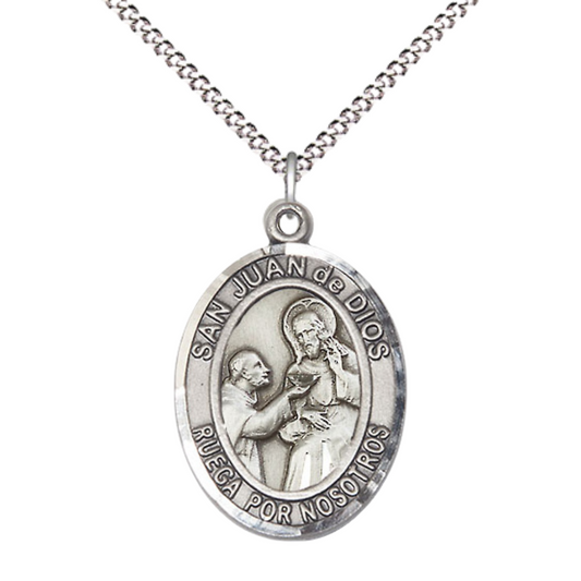 Spanish Script Women's Pewter Saint St. Juan de Dios Medal Pendant on 18 Inch Rhodium Plated Lite Curb Brass Chain, Catholic Religious Necklace with Lobster Claw Clasp - Made in USA, Comes in Deluxe Velvet Gift Box