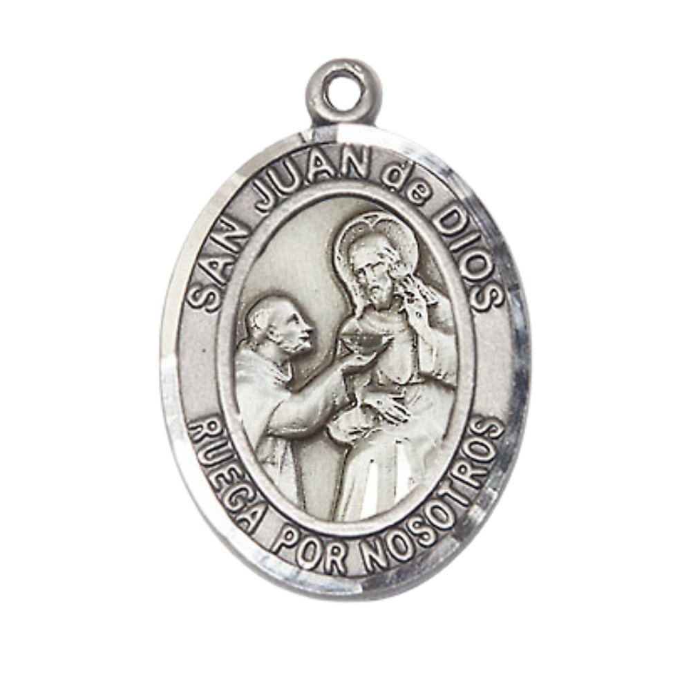 Spanish Script Women's Pewter Saint St. Juan de Dios Medal Pendant on 18 Inch Rhodium Plated Lite Curb Brass Chain, Catholic Religious Necklace with Lobster Claw Clasp - Made in USA, Comes in Deluxe Velvet Gift Box