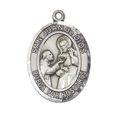 Spanish Script Women's Pewter Saint St. Juan de Dios Medal Pendant on 18 Inch Rhodium Plated Lite Curb Brass Chain, Catholic Religious Necklace with Lobster Claw Clasp - Made in USA, Comes in Deluxe Velvet Gift Box
