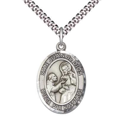 Mens 1 x 3/4" Oval Pewter Saint St. Juan de Dios Medal Pendant on 24 Inch Rhodium Plated Heavy Curb Brass Chain with Lobster Claw clasp, Catholic Religious Necklace - Made in USA - Velvet Gift Box