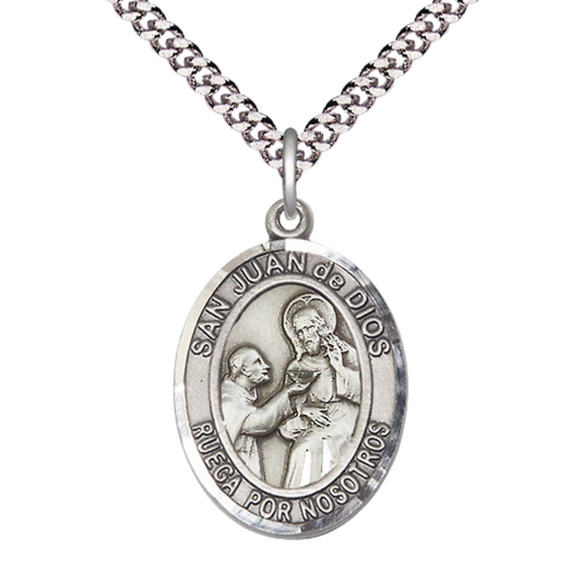 Everlasting Light Jewelry Spanish Script Men's Pewter Saint St. Juan de Dios Medal Pendant on 24 Inch Endless Rhodium Plated Heavy Curb Chain, Catholic Religious Necklace - Made in USA, Deluxe Velvet Gift Box