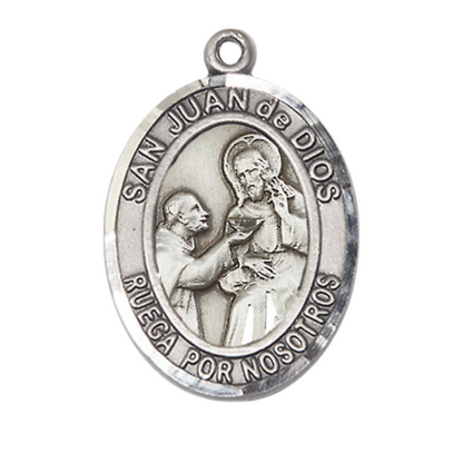 Mens 1 x 3/4" Oval Pewter Saint St. Juan de Dios Medal Pendant on 24 Inch Rhodium Plated Heavy Curb Brass Chain with Lobster Claw clasp, Catholic Religious Necklace - Made in USA - Velvet Gift Box