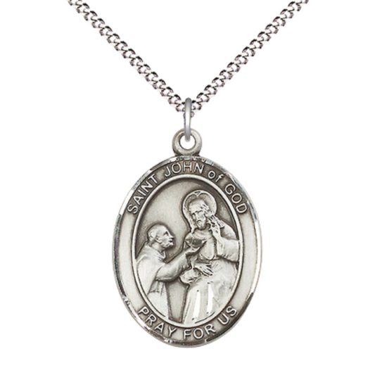 Women's Pewter Saint St. John of God Medal Pendant on 18 Inch Rhodium Plated Lite Curb Brass Chain w/Lobster Claw Clasp, Catholic Religious Necklace - Made in USA- Deluxe Velvet Gift Box