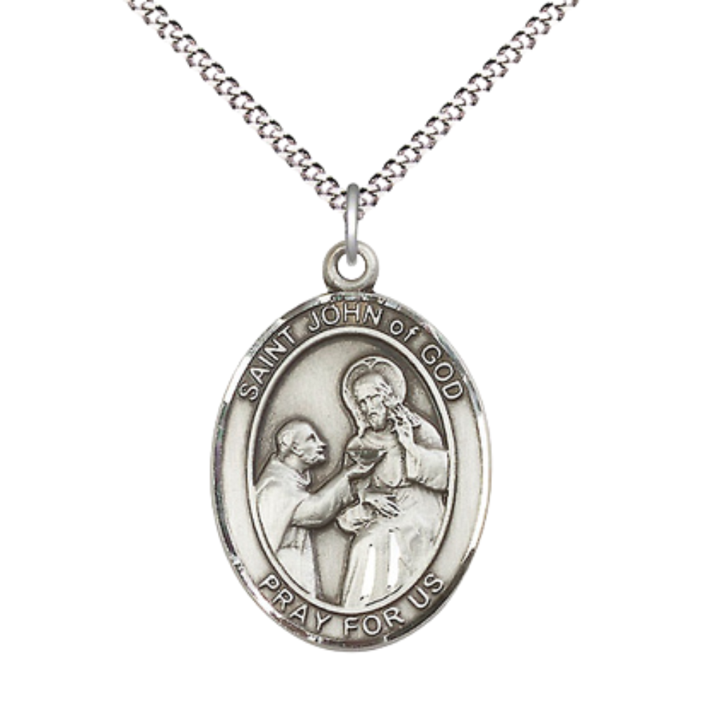 Women's .925 Sterling Silver Saint St. John of God Medal Pendant on 18 Inch Rhodium Plated Lite Curb Brass Chain w/ Lobster Claw Clasp, Catholic Religious Necklace - Made in USA- Velvet Gift Box