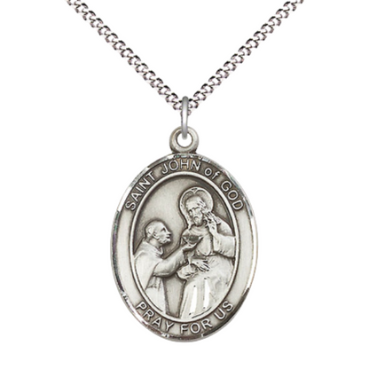 Women's .925 Sterling Silver Saint St. John of God Medal Pendant on 18 Inch Rhodium Plated Lite Curb Brass Chain w/ Lobster Claw Clasp, Catholic Religious Necklace - Made in USA- Velvet Gift Box