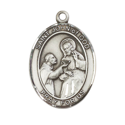 Mens .925 Sterling Silver Saint St. John of God Medal Pendant on 24 Inch Rhodium Plated Heavy Curb Brass Chain with Lobster Claw clasp, Catholic Religious Necklace - Made in USA- Velvet Gift Box