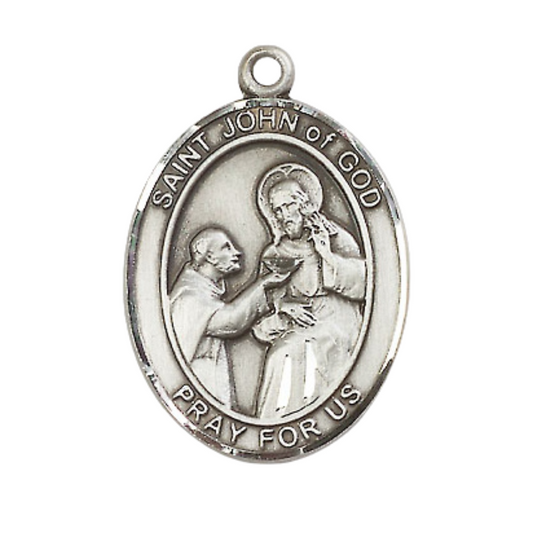 Mens .925 Sterling Silver Saint St. John of God Medal Pendant on 24 Inch Rhodium Plated Heavy Curb Brass Chain with Lobster Claw clasp, Catholic Religious Necklace - Made in USA- Velvet Gift Box
