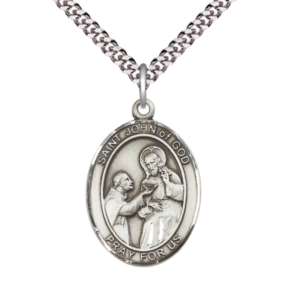 Saint St. John of God Medal Necklace– Men's Pewter Pendant on 24 Inch Light Endless Rhodium Plated Chain – Catholic Patron Saint St. of Alcoholics & The Sick – Velvet Gift Box Included