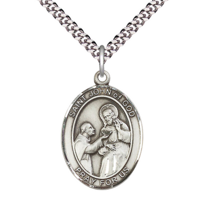 Mens 1 x 3/4" Oval Pewter Saint St. John of God Medal Pendant on 24 Inch Rhodium Plated Heavy Curb Brass Chain with Lobster Claw clasp, Catholic Religious Necklace - Made in USA - Velvet Gift Box