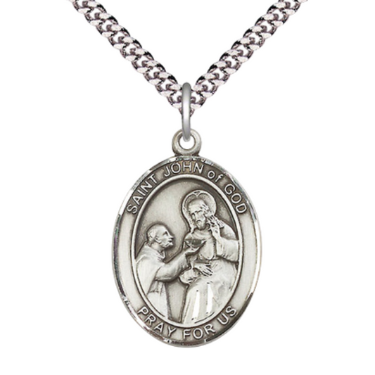 Mens 1 x 3/4" Oval Pewter Saint St. John of God Medal Pendant on 24 Inch Rhodium Plated Heavy Curb Brass Chain with Lobster Claw clasp, Catholic Religious Necklace - Made in USA - Velvet Gift Box