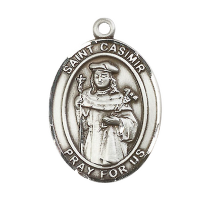 Women's .925 Sterling Silver Saint St. Casimir of Poland Medal Pendant on 18 Inch Rhodium Plated Lite Curb Brass Chain w/ Lobster Claw Clasp, Catholic Religious Necklace - Made in USA- Deluxe Velvet Gift Box