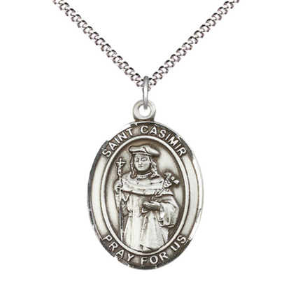Women's Pewter Saint St. Casimir of Poland Medal Pendant on 18 Inch Rhodium Plated Lite Curb Brass Chain w/ Lobster Claw Clasp, Catholic Religious Necklace - Made in USA- Deluxe Velvet Gift Box
