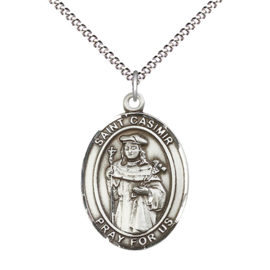 Women's Pewter Saint St. Casimir of Poland Medal Pendant on 18 Inch Rhodium Plated Lite Curb Brass Chain w/ Lobster Claw Clasp, Catholic Religious Necklace - Made in USA- Deluxe Velvet Gift Box