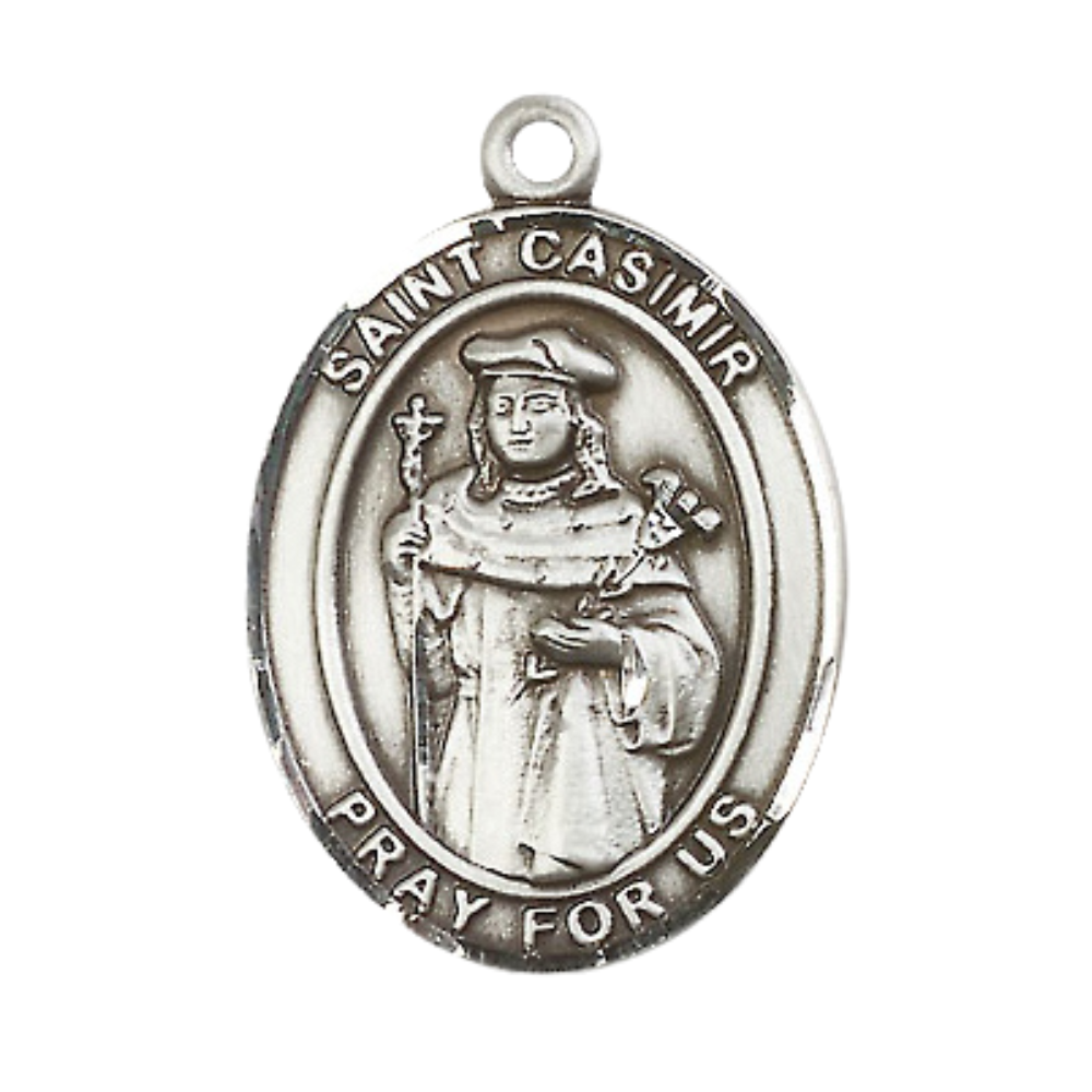 Mens .925 Sterling Silver Saint St. Casimir of Poland Medal Pendant on 24 Inch Rhodium Plated Heavy Curb Brass Chain with Lobster Claw clasp, Catholic Religious Necklace - Made in USA- Velvet Gift Box