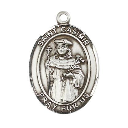 Mens .925 Sterling Silver Saint St. Casimir of Poland Medal Pendant on 24 Inch Rhodium Plated Heavy Curb Brass Chain with Lobster Claw clasp, Catholic Religious Necklace - Made in USA- Velvet Gift Box