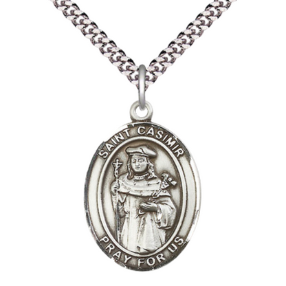 Saint St. Casimir of Poland Men's Medal Necklace – 24 Inch Endless Light Rhodium Plated Heavy Curb Chain, Catholic Medal – Patron Saint St. of Bachelors & Poland – Elegant Religious Jewelry in Velvet Gift Box