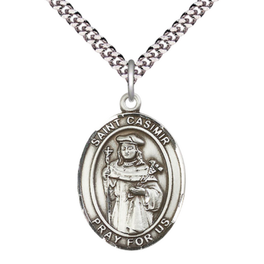 Saint St. Casimir of Poland Men's Medal Necklace – 24 Inch Endless Light Rhodium Plated Heavy Curb Chain, Catholic Medal – Patron Saint St. of Bachelors & Poland – Elegant Religious Jewelry in Velvet Gift Box