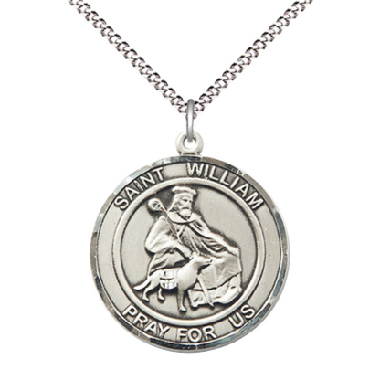 Women's .925 Sterling Silver Saint St. William of Rochester Medal Pendant on 18 Inch Rhodium Plated Lite Curb Brass Chain w/ Lobster Claw Clasp, Catholic Religious Necklace - Made in USA- Velvet Gift Box