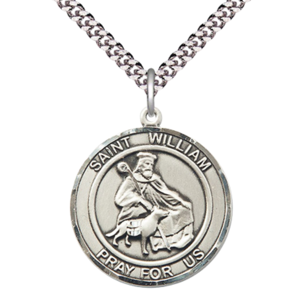 Mens Round Pewter Saint St. William of Rochester Medal Pendant on 24 Inch Rhodium Plated Heavy Curb Brass Chain with Lobster Claw clasp, Catholic Religious Necklace - Made in USA- Velvet Gift Box