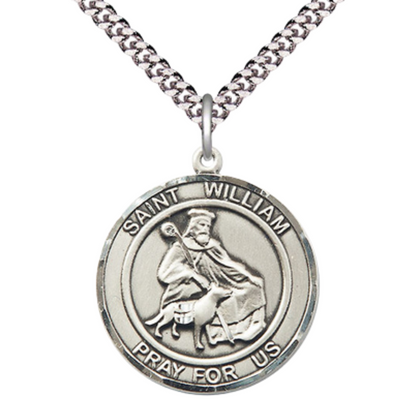 Mens Round Pewter Saint St. William of Rochester Medal Pendant on 24 Inch Rhodium Plated Heavy Curb Brass Chain with Lobster Claw clasp, Catholic Religious Necklace - Made in USA- Velvet Gift Box