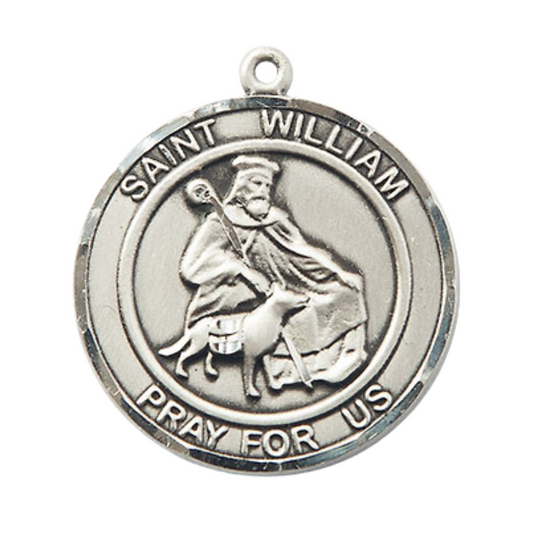 Mens Sterling Silver Saint William of Rochester Medal Pendant on 24" Rhodium Plated Heavy Curb Brass Chain w/ Lobster Claw clasp, Catholic Religious Necklace -Made in USA- Velvet Gift Box
