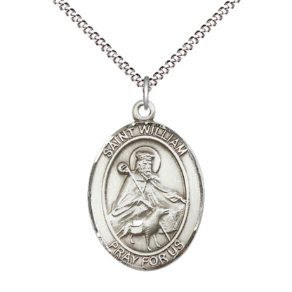 .925 Sterling Silver Saint St. William of Rochester Medal Pendant on 18 Inch Rhodium Plated Lite Curb Brass Chain w/ Lobster Claw Clasp, Catholic Religious Necklace - Made in USA- Velvet Gift Box