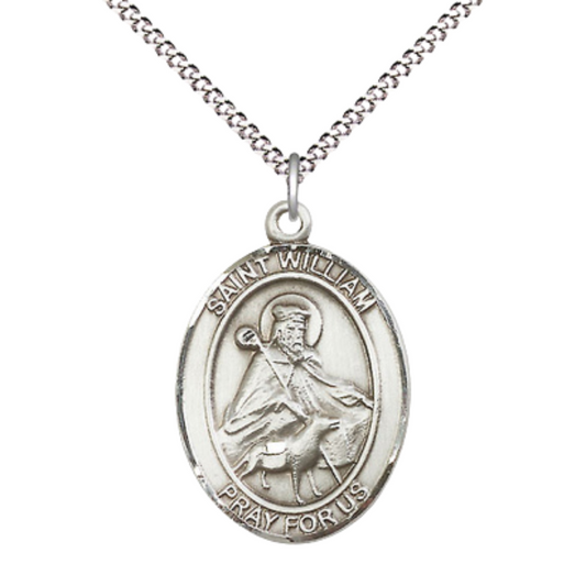 .925 Sterling Silver Saint St. William of Rochester Medal Pendant on 18 Inch Rhodium Plated Lite Curb Brass Chain w/ Lobster Claw Clasp, Catholic Religious Necklace - Made in USA- Velvet Gift Box