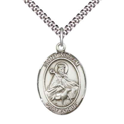 Saint St. William of Rochester Medal Necklace– Men's Pewter Pendant on 24 Inch Light Endless Rhodium Plated Chain – Catholic Patron Saint St. of Adopted Children – Velvet Gift Box Included