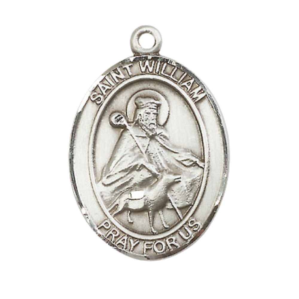 Mens Oval Pewter Saint William of Rochester Medal Pendant on 24" Rhodium Plated Heavy Curb Brass Chain with Lobster Claw clasp , Catholic Religious Necklace -Made in USA - Velvet Gift Box