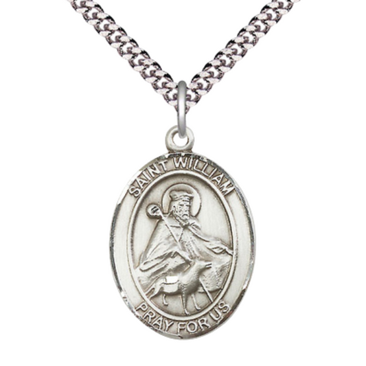 Mens Oval Pewter Saint William of Rochester Medal Pendant on 24" Rhodium Plated Heavy Curb Brass Chain with Lobster Claw clasp , Catholic Religious Necklace -Made in USA - Velvet Gift Box