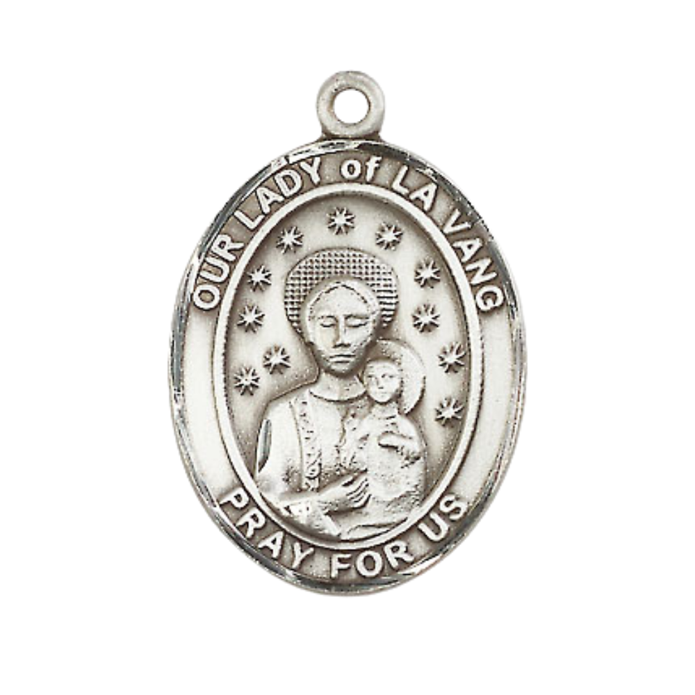Everlasting Light Jewelry Women's Pewter Our Lady of la Vang Medal Pendant with 18 Inch Rhodium Plated Lite Curb Brass Chain Catholic Religious Necklace - Made in USA, Deluxe Velvet Gift Box