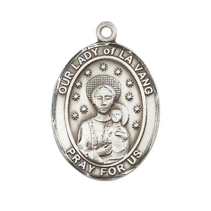 Everlasting Light Jewelry Women's Pewter Our Lady of la Vang Medal Pendant with 18 Inch Rhodium Plated Lite Curb Brass Chain Catholic Religious Necklace - Made in USA, Deluxe Velvet Gift Box
