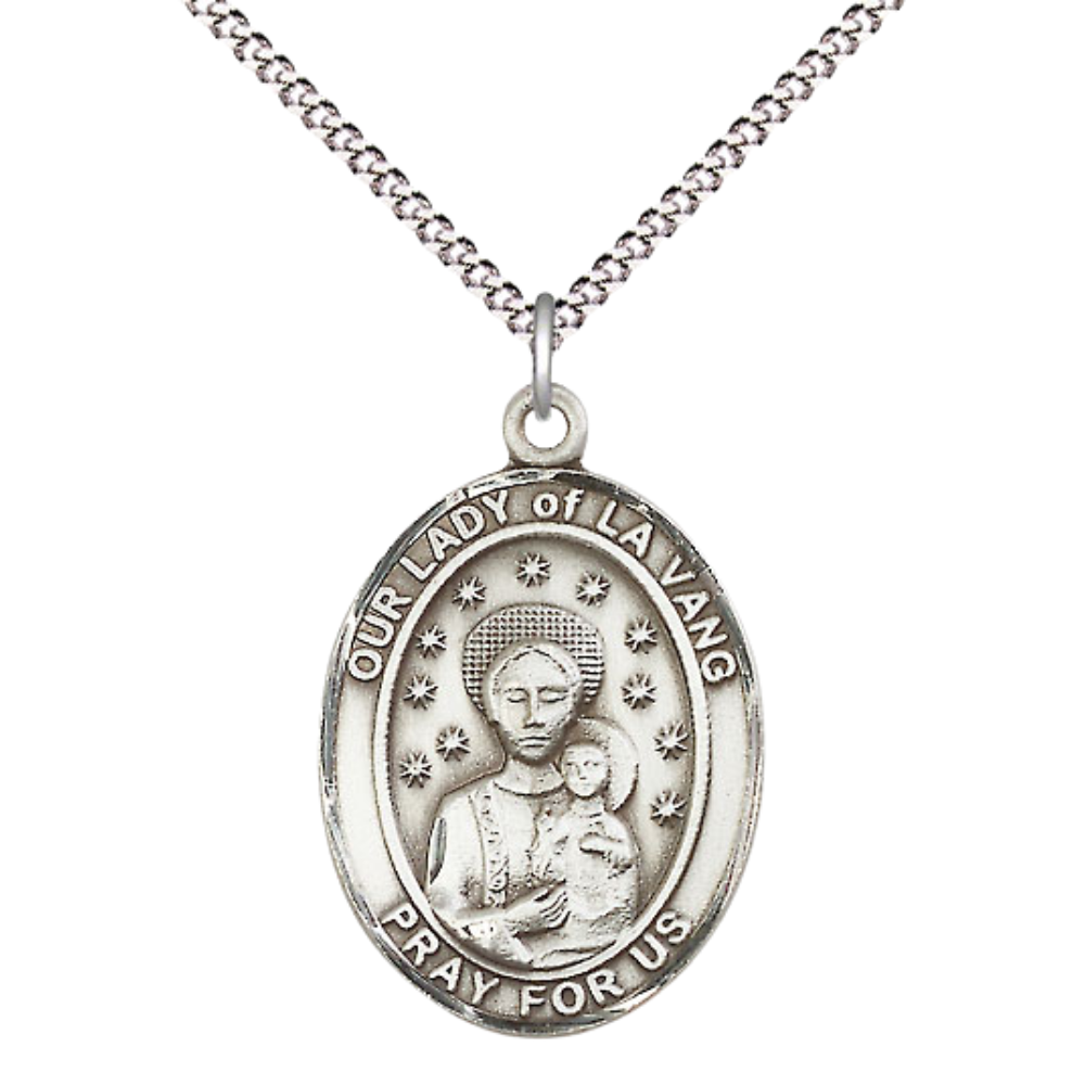 Everlasting Light Jewelry Women's Pewter Our Lady of la Vang Medal Pendant with 18 Inch Rhodium Plated Lite Curb Brass Chain Catholic Religious Necklace - Made in USA, Deluxe Velvet Gift Box