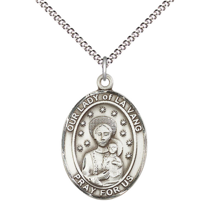 Everlasting Light Jewelry Women's Pewter Our Lady of la Vang Medal Pendant with 18 Inch Rhodium Plated Lite Curb Brass Chain Catholic Religious Necklace - Made in USA, Deluxe Velvet Gift Box