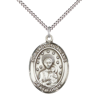 Everlasting Light Jewelry Women's .925 Sterling Silver Our Lady of la Vang Medal Pendant with 18 Inch Rhodium Plated Lite Curb Brass Chain Catholic Religious Necklace - Made in USA, Deluxe Velvet Gift Box