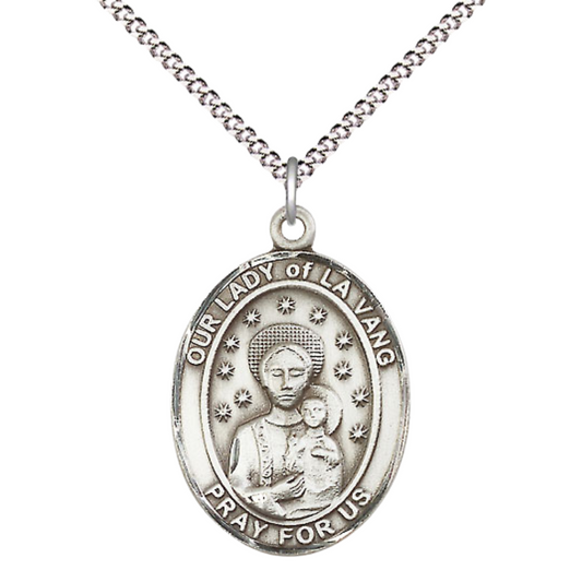 Everlasting Light Jewelry Women's .925 Sterling Silver Our Lady of la Vang Medal Pendant with 18 Inch Rhodium Plated Lite Curb Brass Chain Catholic Religious Necklace - Made in USA, Deluxe Velvet Gift Box