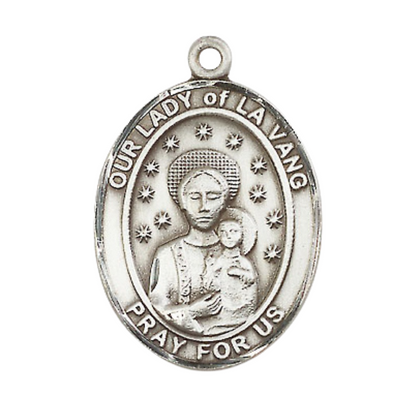 Mens .925 Sterling Silver Our Lady of la Vang Medal Pendant on 24 Inch Rhodium Plated Heavy Curb Brass Chain with Lobster Claw clasp, Catholic Religious Necklace - Made in USA- Velvet Gift Box