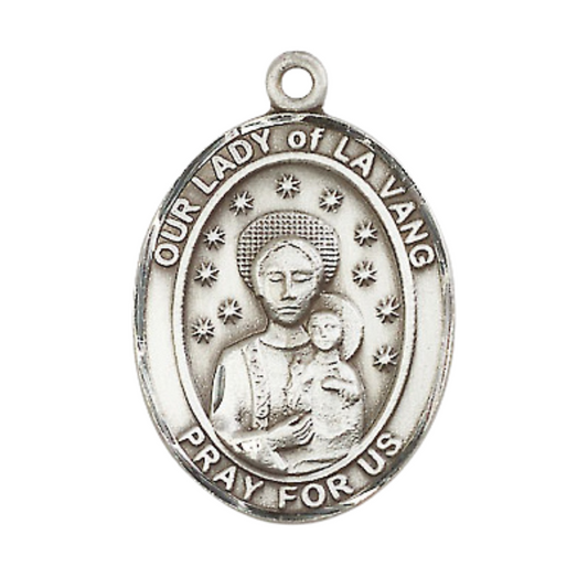 Mens .925 Sterling Silver Our Lady of la Vang Medal Pendant on 24 Inch Rhodium Plated Heavy Curb Brass Chain with Lobster Claw clasp, Catholic Religious Necklace - Made in USA- Velvet Gift Box