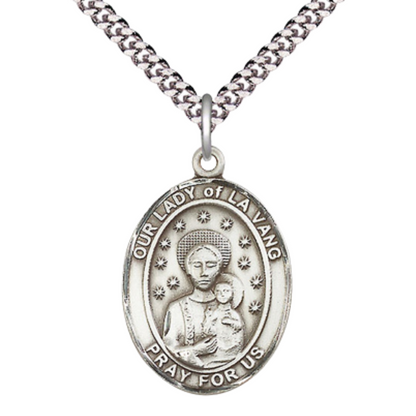 Mens 1 x 3/4" Oval Pewter Our Lady of la Vang Medal Pendant on 24" Rhodium Plated Heavy Curb Brass Chain with Lobster Claw clasp, Catholic Religious Necklace -Made in USA- Velvet Gift Box
