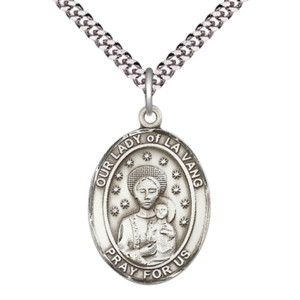Our Lady of la Vang Men's Medal Necklace – 24" Endless Light Rhodium Plated Heavy Curb Chain – Patron Saint of Vietnamese – Elegant Religious Jewelry in Velvet Gift Box
