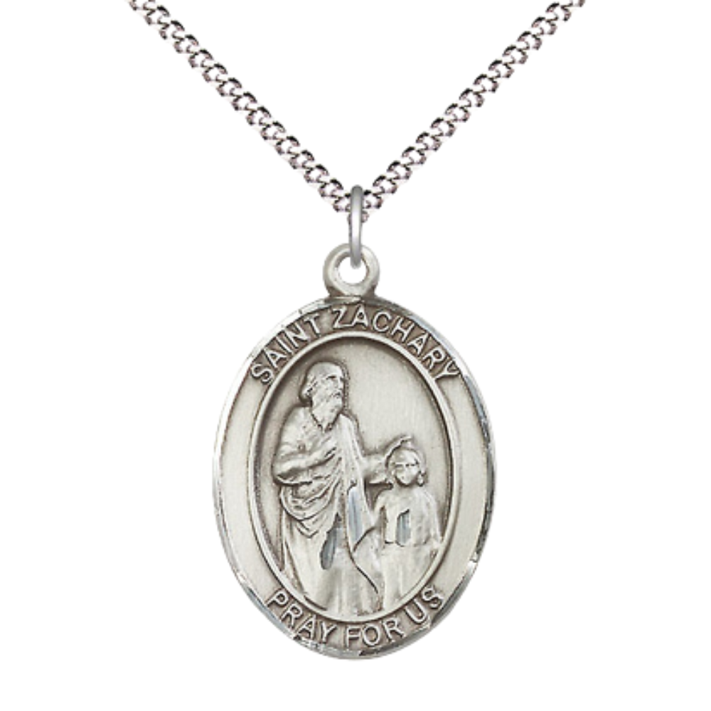 Women's Pewter Saint St. Zachary Medal Pendant on 18 Inch Rhodium Plated Lite Curb Brass Chain w/Lobster Claw Clasp, Catholic Religious Necklace - Made in USA- Deluxe Velvet Gift Box
