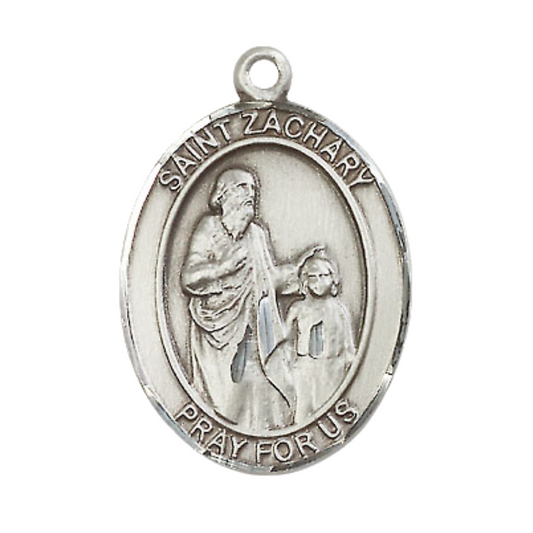 Mens Oval .925 Sterling Silver Saint St. Zachary Medal Pendant on 24 Inch Rhodium Plated Heavy Curb Brass Chain with Lobster Claw clasp, Catholic Religious Necklace - Made in USA- Velvet Gift Box