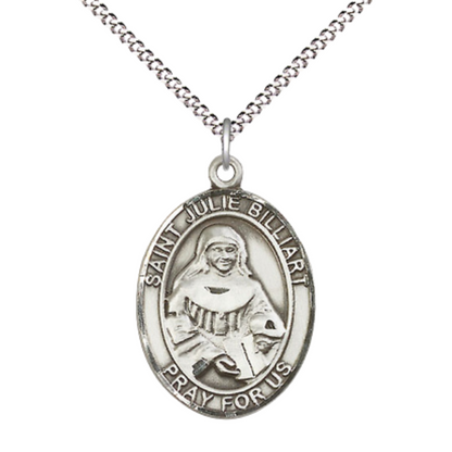 Women's .925 Sterling Silver Saint St. Julie Billiart Medal Pendant on 18 Inch Rhodium Plated Lite Curb Brass Chain w/ Lobster Claw Clasp, Catholic Religious Necklace - Made in USA- Deluxe Velvet Gift Box