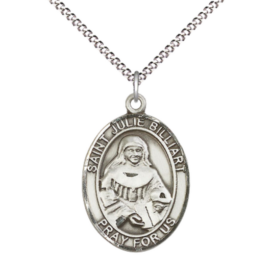 Women's .925 Sterling Silver Saint St. Julie Billiart Medal Pendant on 18 Inch Rhodium Plated Lite Curb Brass Chain w/ Lobster Claw Clasp, Catholic Religious Necklace - Made in USA- Deluxe Velvet Gift Box