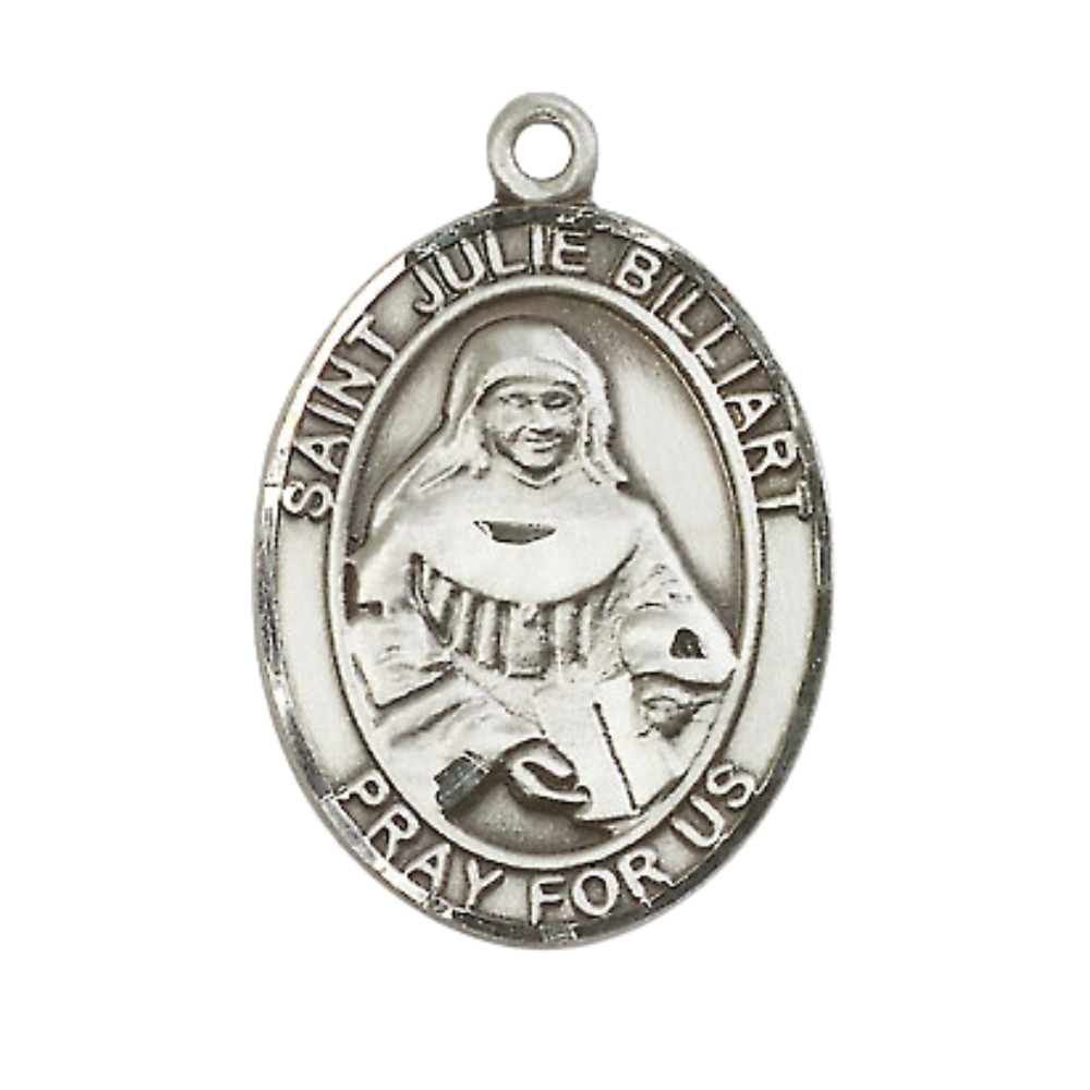 Women's Pewter Saint St. Julie Billiart Medal Pendant on 18 Inch Rhodium Plated Lite Curb Brass Chain w/ Lobster Claw Clasp, Catholic Religious Necklace - Made in USA- Deluxe Velvet Gift Box