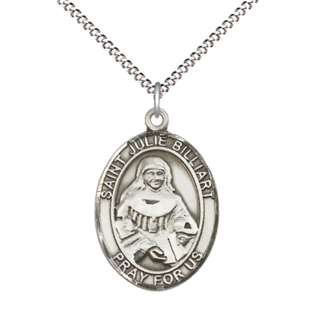 Women's Pewter Saint St. Julie Billiart Medal Pendant on 18 Inch Rhodium Plated Lite Curb Brass Chain w/ Lobster Claw Clasp, Catholic Religious Necklace - Made in USA- Deluxe Velvet Gift Box