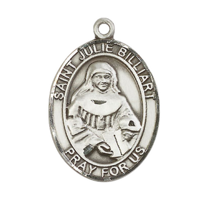 Mens 1 x 3/4" Oval Pewter Saint St. Julie Billiart Medal Pendant on 24 Inch Rhodium Plated Heavy Curb Brass Chain with Lobster Claw clasp, Catholic Religious Necklace - Made in USA - Velvet Gift Box