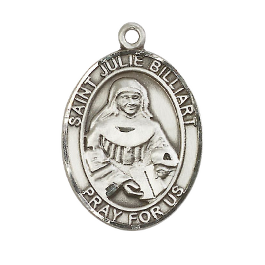 Mens .925 Sterling Silver Saint St. Julie Billiart Medal Pendant on 24 Inch Rhodium Plated Heavy Curb Brass Chain with Lobster Claw clasp, Catholic Religious Necklace - Made in USA- Velvet Gift Box
